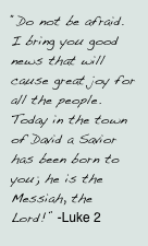 “Do not be afraid.  I bring you good news that will cause great joy for all the people.  Today in the town of David a Savior  has been born to you; he is the Messiah,  the Lord!” -Luke 2